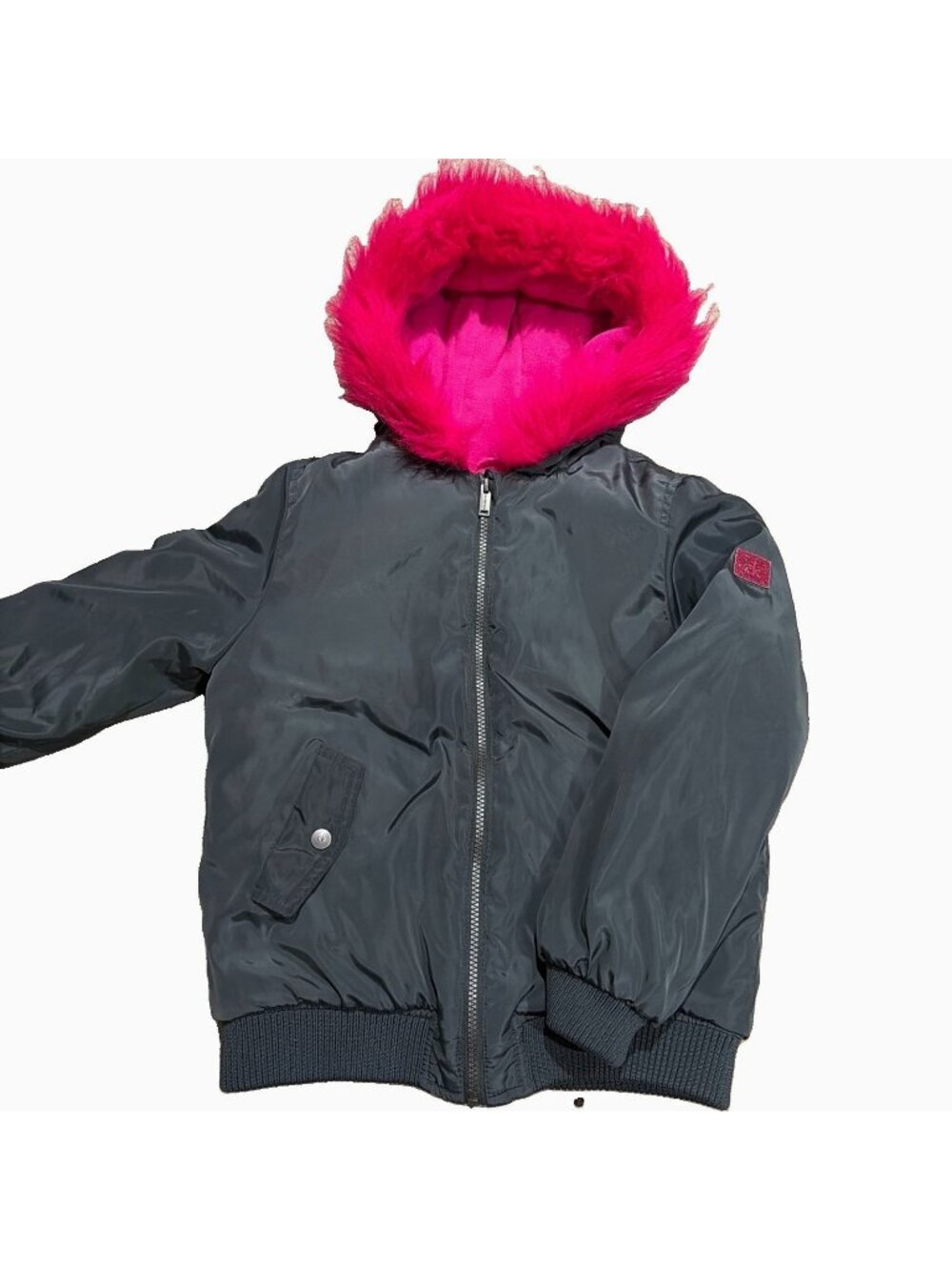 Calvin Klein Jeans Girls Bomber Jacket w/Faux Fur Hood Size 10 Moss Green & Pink